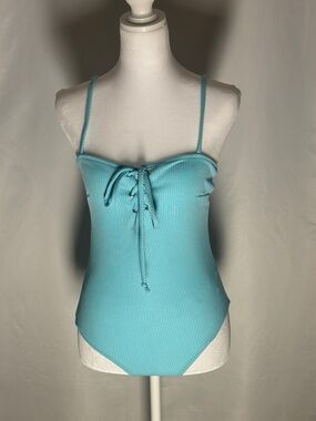 Free People Movement Ribbed Lace-Up Bodysuit Aqua Blue Size Small